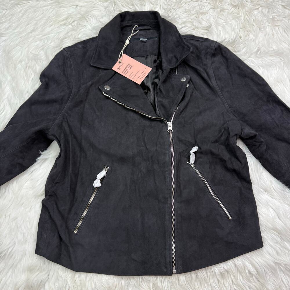 Quince 100% Suede Biker Jacket Charcoal Black Size L Goat Leather Classic NWT - Picture 10 of 16